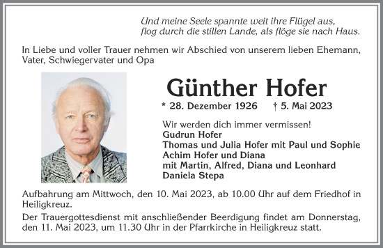 Traueranzeige von Günther Hofer von Allgäuer Zeitung,Kempten