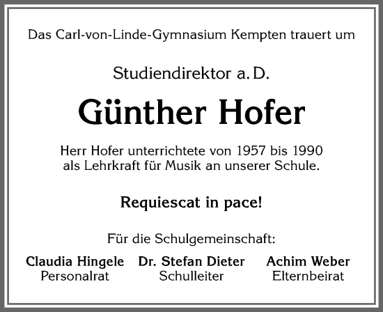 Traueranzeige von Günther Hofer von Allgäuer Zeitung,Kempten