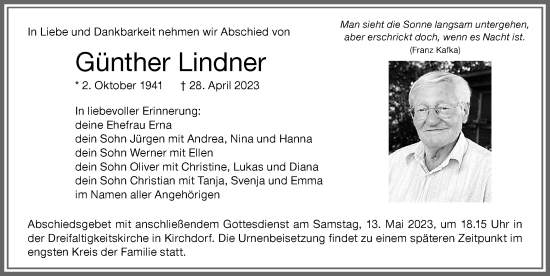 Traueranzeige von Günther Lindner von Memminger Zeitung