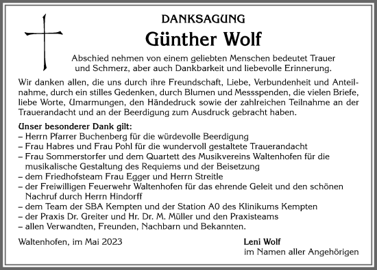 Traueranzeige von Günther Wolf von Allgäuer Zeitung,Kempten