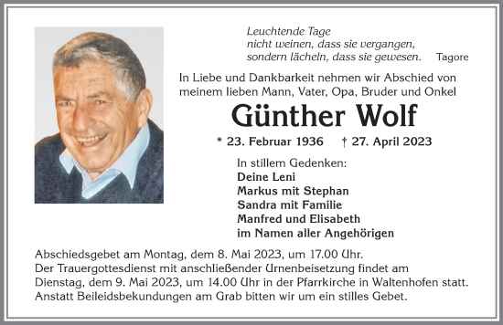 Traueranzeige von Günther Wolf von Allgäuer Zeitung,Kempten