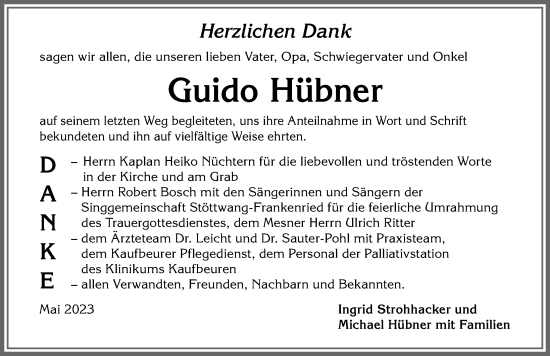 Traueranzeige von Guido Hübner von Allgäuer Zeitung, Kaufbeuren/Buchloe