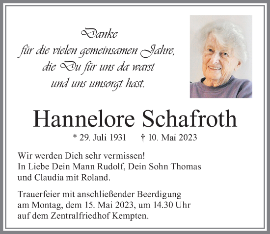 Traueranzeige von Hannelore Schafroth von Allgäuer Zeitung,Kempten