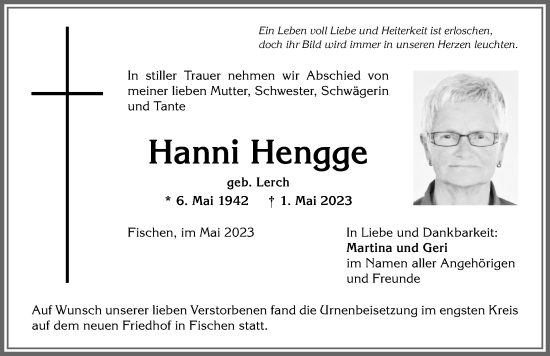 Traueranzeige von Hanni Hengge von Allgäuer Anzeigeblatt