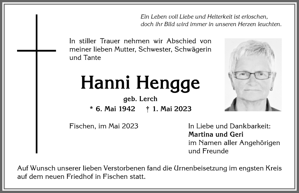  Traueranzeige für Hanni Hengge vom 11.05.2023 aus Allgäuer Anzeigeblatt