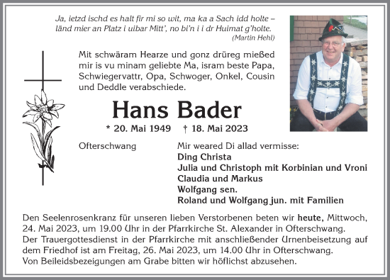 Traueranzeige von Hans Bader von Allgäuer Anzeigeblatt