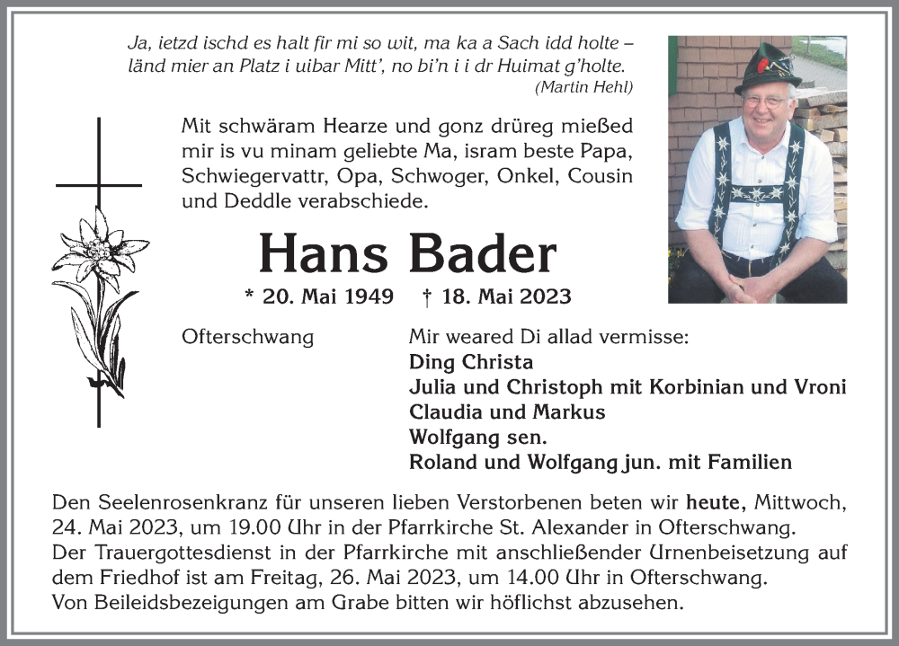  Traueranzeige für Hans Bader vom 24.05.2023 aus Allgäuer Anzeigeblatt