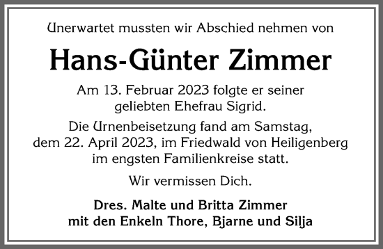 Traueranzeige von Hans-Günter Zimmer von Allgäuer Zeitung, Kaufbeuren/Buchloe