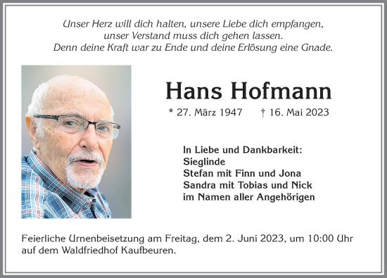Traueranzeige von Hans Hofmann von Allgäuer Zeitung, Kaufbeuren/Buchloe