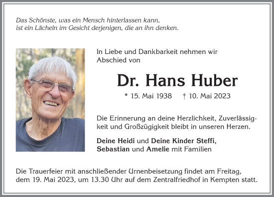 Traueranzeige von Hans Huber von Memminger Zeitung