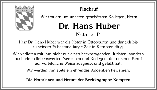 Traueranzeige von Hans Huber von Allgäuer Zeitung,Kempten