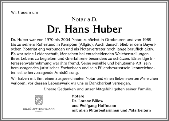 Traueranzeige von Hans Huber von Allgäuer Zeitung,Kempten