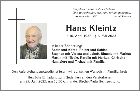 Traueranzeige von Hans Kleintz von Allgäuer Anzeigeblatt