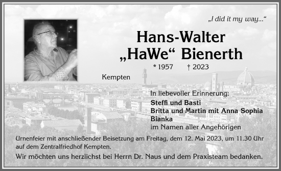 Traueranzeige von Hans-Walter Bienerth von Allgäuer Zeitung,Kempten