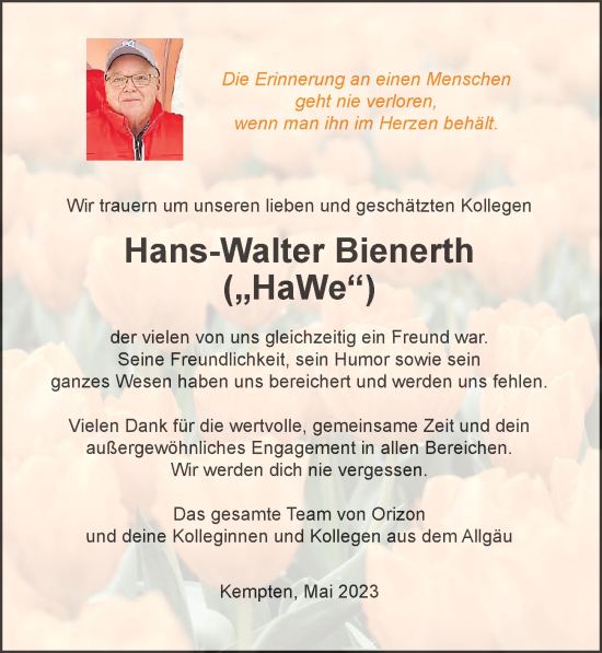 Traueranzeige von Hans-Walter Bienerth von Allgäuer Zeitung,Kempten