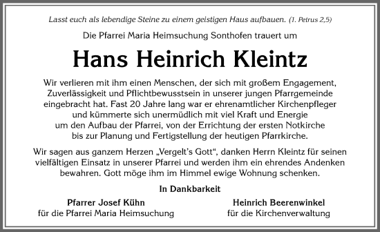 Traueranzeige von Hans Heinrich Kleintz von Allgäuer Anzeigeblatt