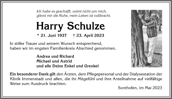 Traueranzeige von Harry Schulze von Allgäuer Anzeigeblatt