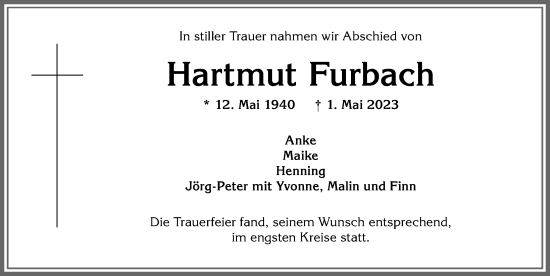 Traueranzeige von Hartmut Furbach von Allgäuer Anzeigeblatt
