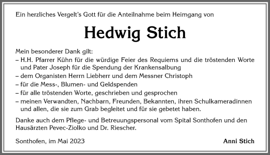 Traueranzeige von Hedwig Stich von Allgäuer Anzeigeblatt