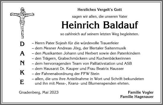 Traueranzeige von Heinrich Baldauf von Allgäuer Anzeigeblatt