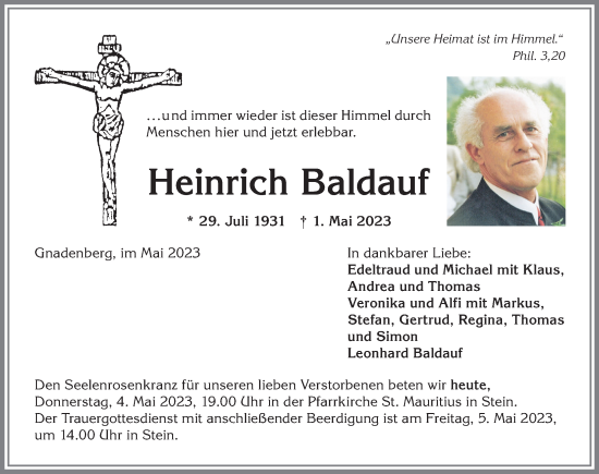 Traueranzeige von Heinrich Baldauf von Allgäuer Anzeigeblatt