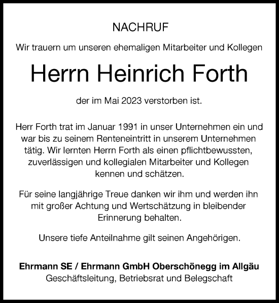Traueranzeige von Heinrich Forth von Memminger Zeitung