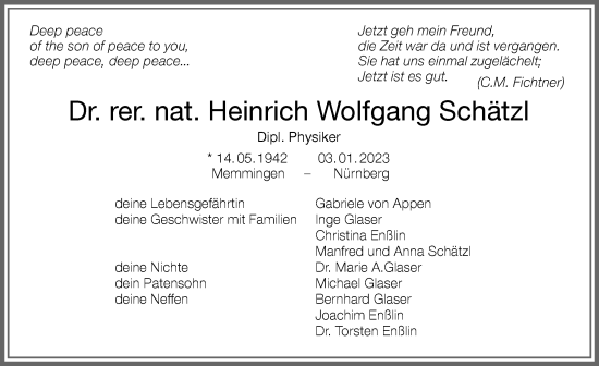 Traueranzeige von Heinrich Wolfgang Schätzl von Memminger Zeitung