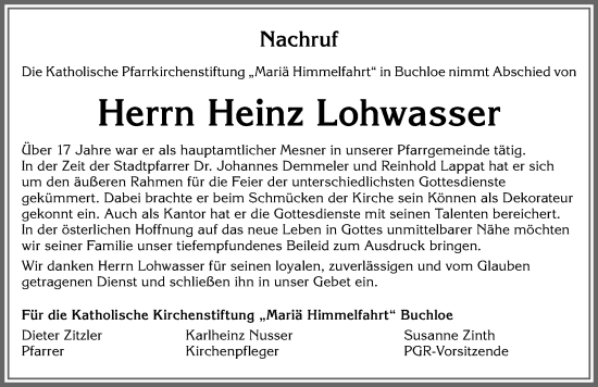 Traueranzeige von Heinz Lohwasser von Allgäuer Zeitung, Kaufbeuren/Buchloe