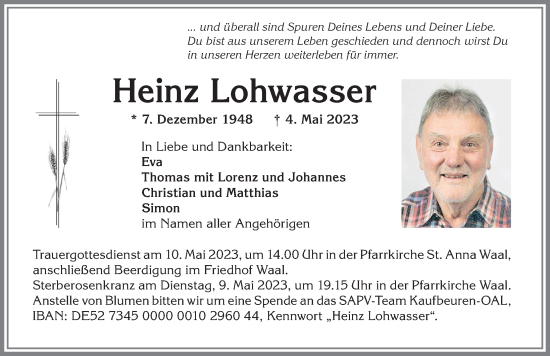 Traueranzeige von Heinz Lohwasser von Allgäuer Zeitung, Kaufbeuren/Buchloe