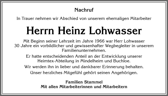 Traueranzeige von Heinz Lohwasser von Allgäuer Zeitung, Kaufbeuren/Buchloe