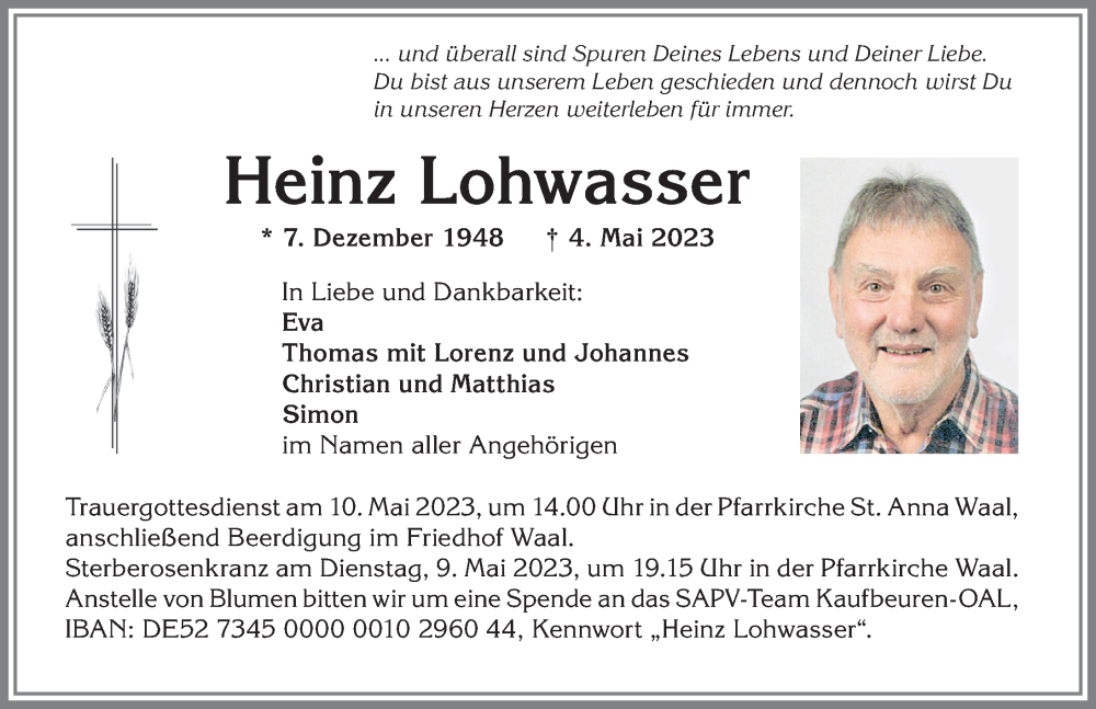  Traueranzeige für Heinz Lohwasser vom 06.05.2023 aus Allgäuer Zeitung, Kaufbeuren/Buchloe