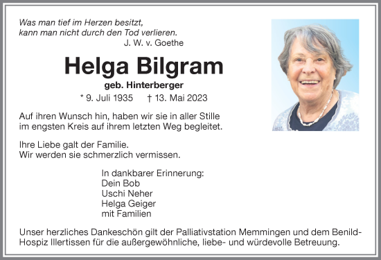 Traueranzeige von Helga Bilgram von Memminger Zeitung
