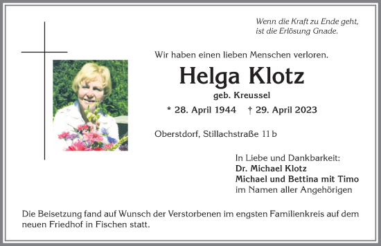 Traueranzeige von Helga Klotz von Allgäuer Anzeigeblatt