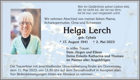 Traueranzeige von Helga Lerch von Allgäuer Zeitung,Kempten