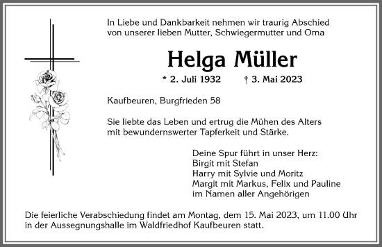 Traueranzeige von Helga Müller von Allgäuer Zeitung, Kaufbeuren/Buchloe