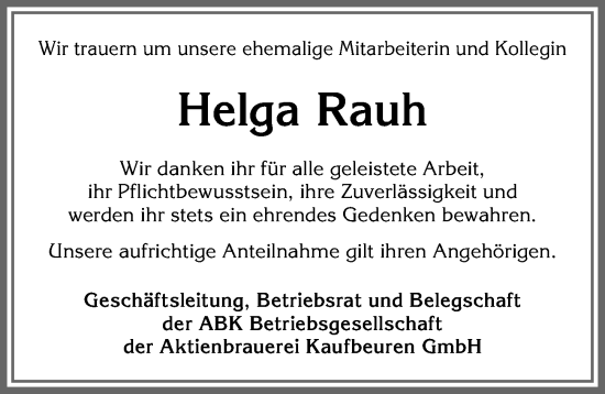 Traueranzeige von Helga Rauh von Allgäuer Zeitung, Kaufbeuren/Buchloe