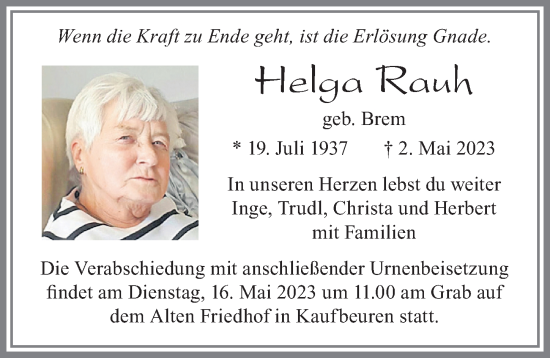Traueranzeige von Helga Rauh von Allgäuer Zeitung, Kaufbeuren/Buchloe
