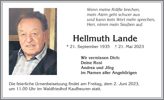 Traueranzeige von Hellmuth Lande von Allgäuer Zeitung, Kaufbeuren/Buchloe