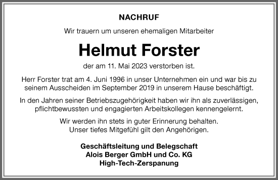 Traueranzeige von Helmut Forster von Memminger Zeitung