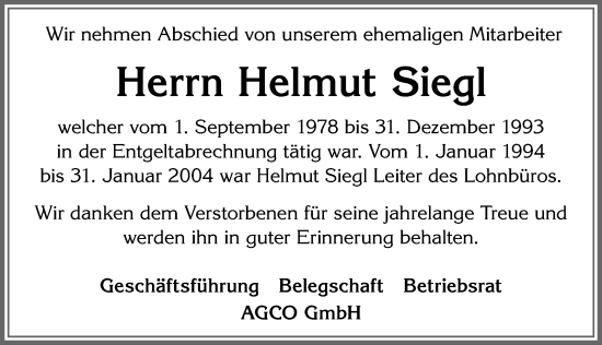 Traueranzeige von Helmut Siegl von Allgäuer Zeitung, Marktoberdorf