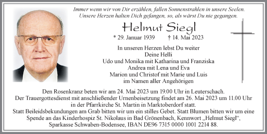 Traueranzeige von Helmut Siegl von Allgäuer Zeitung, Marktoberdorf