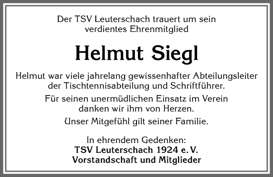 Traueranzeige von Helmut Siegl von Allgäuer Zeitung, Marktoberdorf