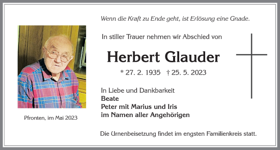 Traueranzeige von Herbert Glauder von Allgäuer Zeitung, Füssen