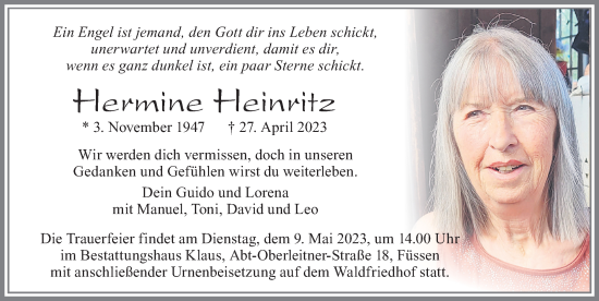 Traueranzeige von Hermine Heinritz von Allgäuer Zeitung, Füssen