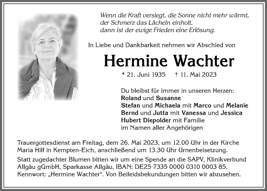 Traueranzeige von Hermine Wachter von Allgäuer Zeitung,Kempten