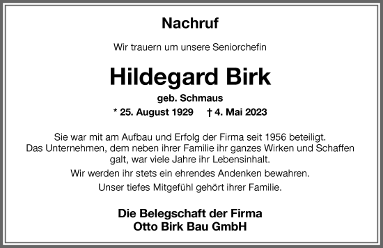 Traueranzeige von Hildegard Birk von Memminger Zeitung