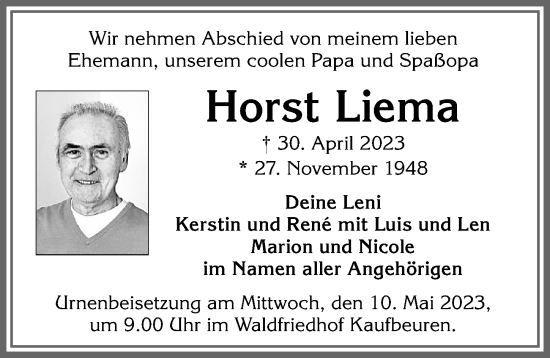 Traueranzeige von Horst Liema von Allgäuer Zeitung, Kaufbeuren/Buchloe