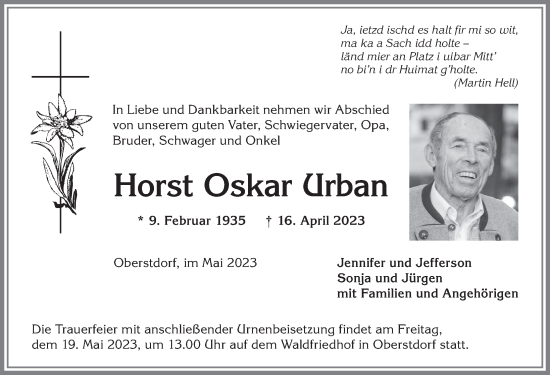 Traueranzeige von Horst Oskar Urban von Allgäuer Anzeigeblatt