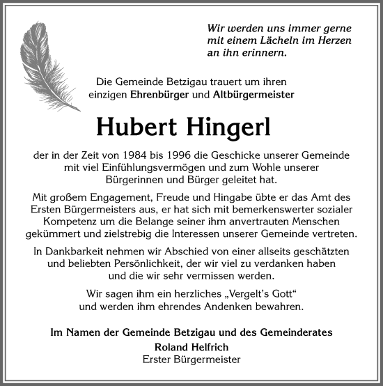 Traueranzeige von Hubert Hingerl von Allgäuer Zeitung,Kempten