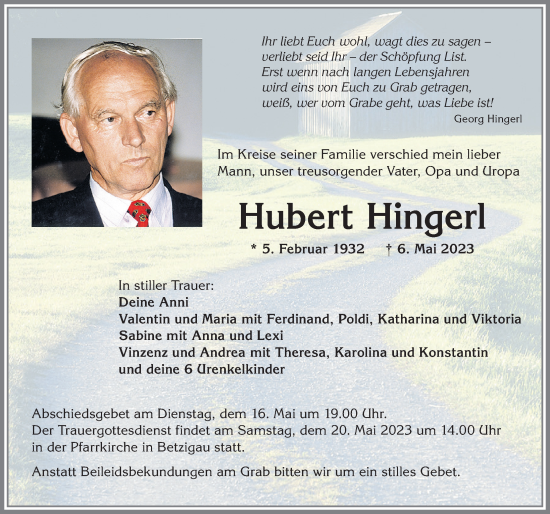 Traueranzeige von Hubert Hingerl von Allgäuer Zeitung,Kempten